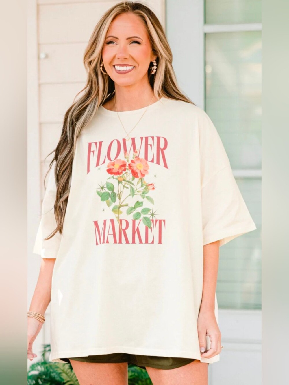 XL Flower Market Boyfriend Tee, Cream Pink- NWT